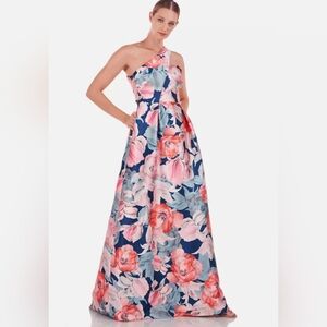 Kay Unger New York Tulip Poppy-Print One-Shoulder Mikado Gown